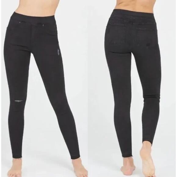 Spanx Jeans Womens Medium Black Denim Distressed Ankle Skinny Stretch - Picture 3 of 11